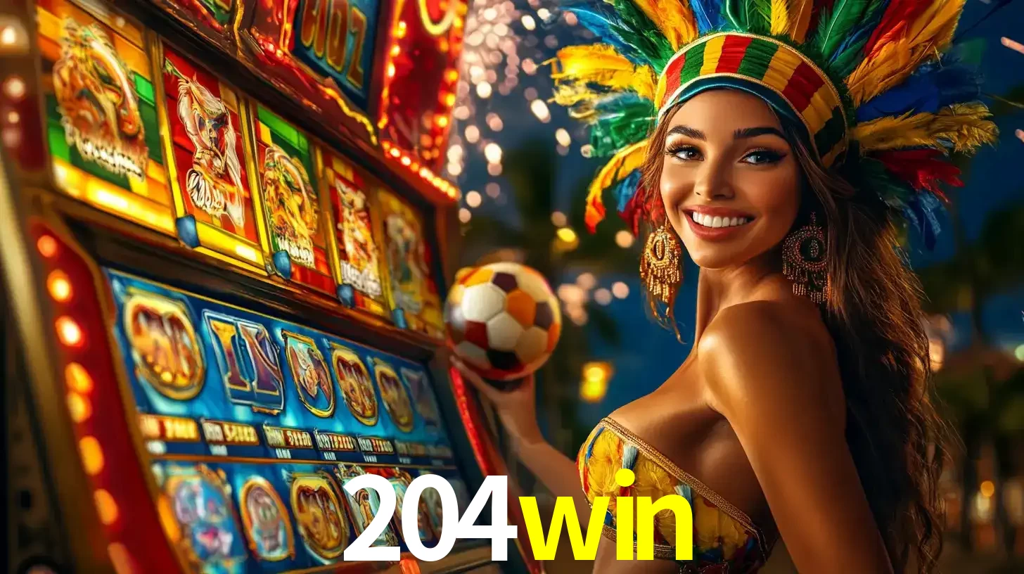 Mulher com um cocar de carnaval ao lado de uma máquina de caça-níqueis enquanto segura uma bola de futebol, mostrando a união da diversão de cassino e esportes no 204win.