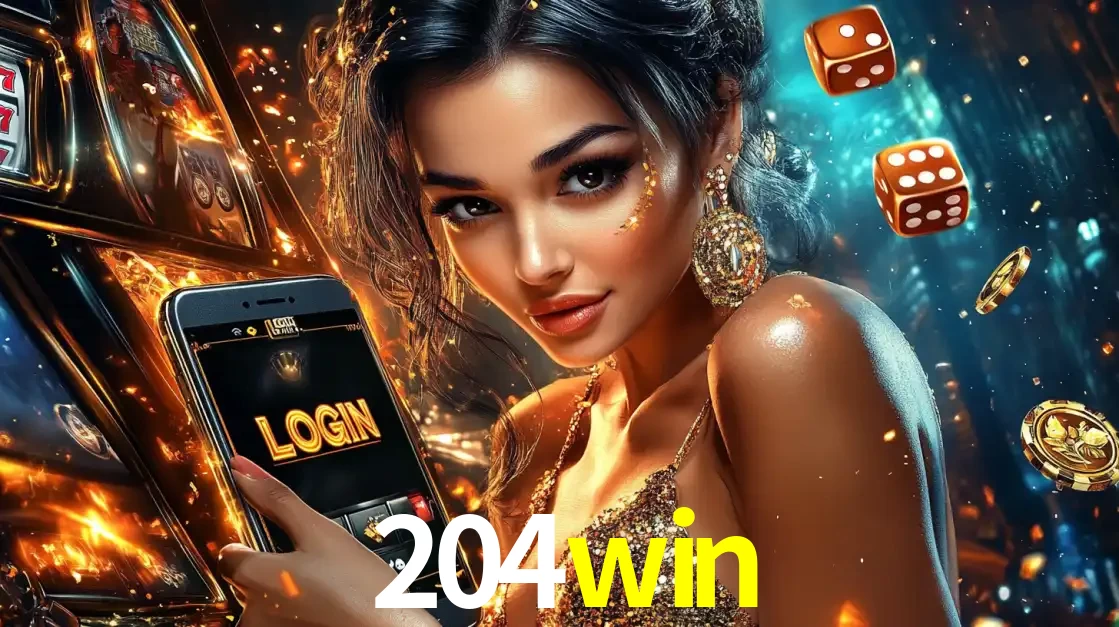 Mulher glamourosa segurando um celular com a tela de login do cassino 204win, rodeada por dados e moedas douradas, pronta para começar a diversão.
