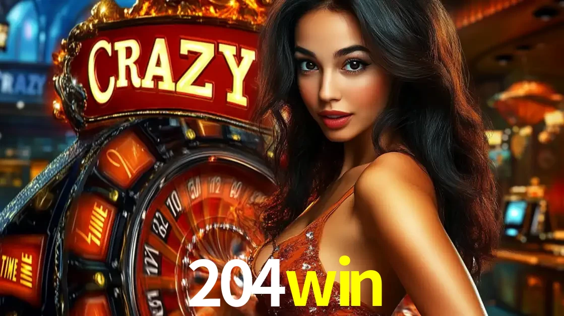 Mulher glamourosa olhando para a câmera com a roda vermelha do Crazy Time ao fundo em um ambiente de cassino, destacando a emoção dos jogos ao vivo no 204win.