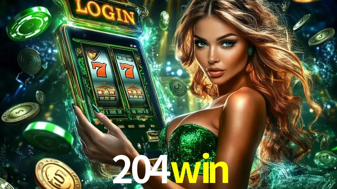 Mulher com tema verde apresentando o aplicativo do cassino 204win com um jogo de slot de 777, cercada por fichas de cassino e uma aura de sorte.