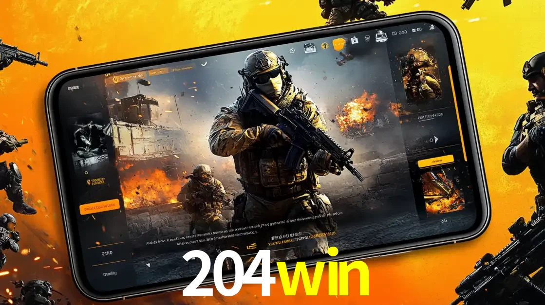 Um smartphone exibindo a interface de um jogo de tiro em primeira pessoa, com um soldado em um cenário de batalha, representando a ação dos e-sports para apostar no 204win.