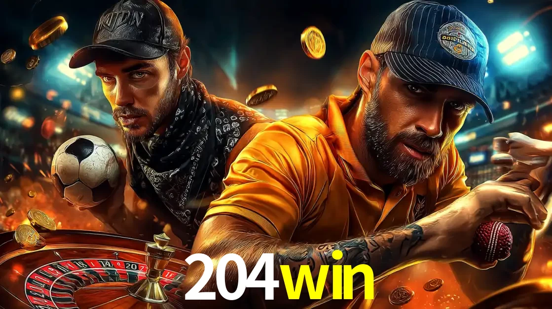 Montagem de apostas esportivas e cassino no 204win, com um homem segurando uma bola de futebol e outro uma de beisebol sobre uma roleta e moedas voadoras.