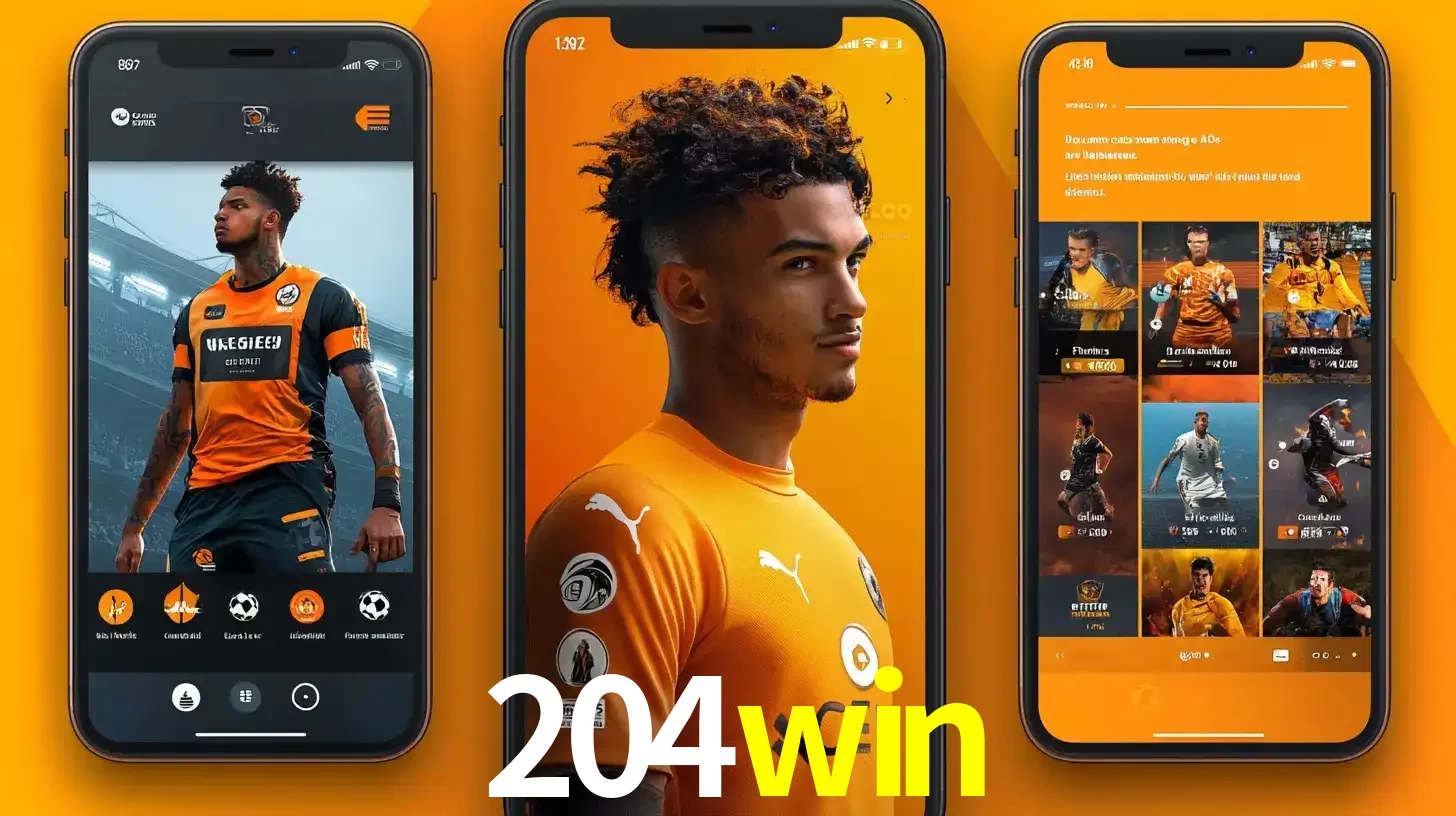 Interface do aplicativo de apostas esportivas 204win em três telas de celular, mostrando o perfil de um jogador de futebol e a lista de jogos disponíveis para apostar.