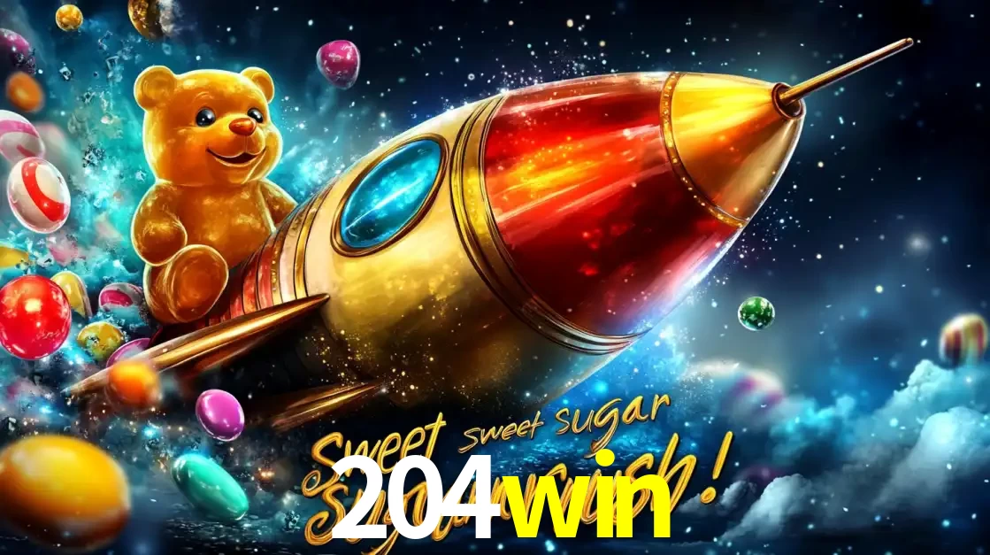 Arte promocional do jogo de slot Sugar Rush, com um urso de pelúcia em um foguete viajando pelo espaço de doces, um dos jogos divertidos disponíveis no cassino 204win.