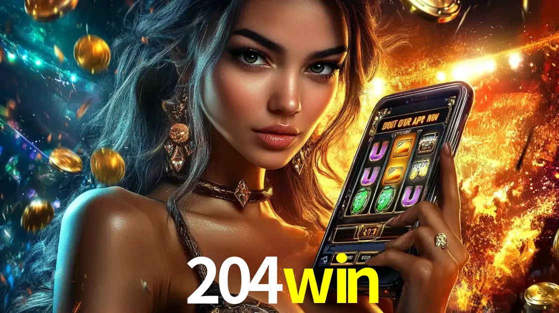 Mulher elegante mostrando um jogo de caça-níqueis em seu smartphone, destacando a experiência de cassino móvel oferecida pelo aplicativo 204win.