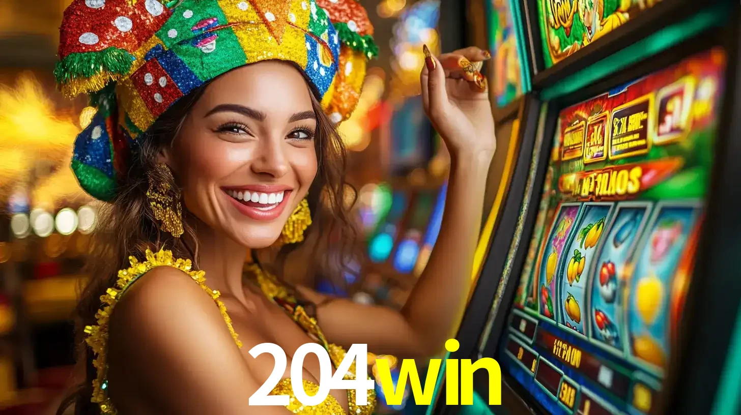 Mulher feliz com traje de carnaval amarelo e colorido ao lado de uma máquina de caça-níqueis, aproveitando a diversão e os jogos temáticos do cassino 204win.