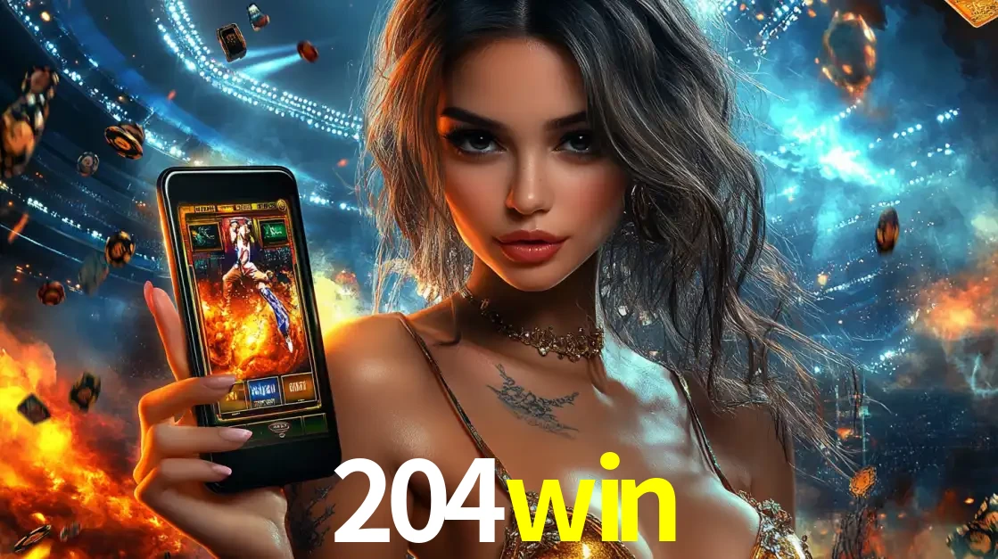 Mulher segurando um celular com um jogo de slot em destaque, tendo como fundo um estádio vibrante, simbolizando a emoção de jogar no cassino móvel 204win.