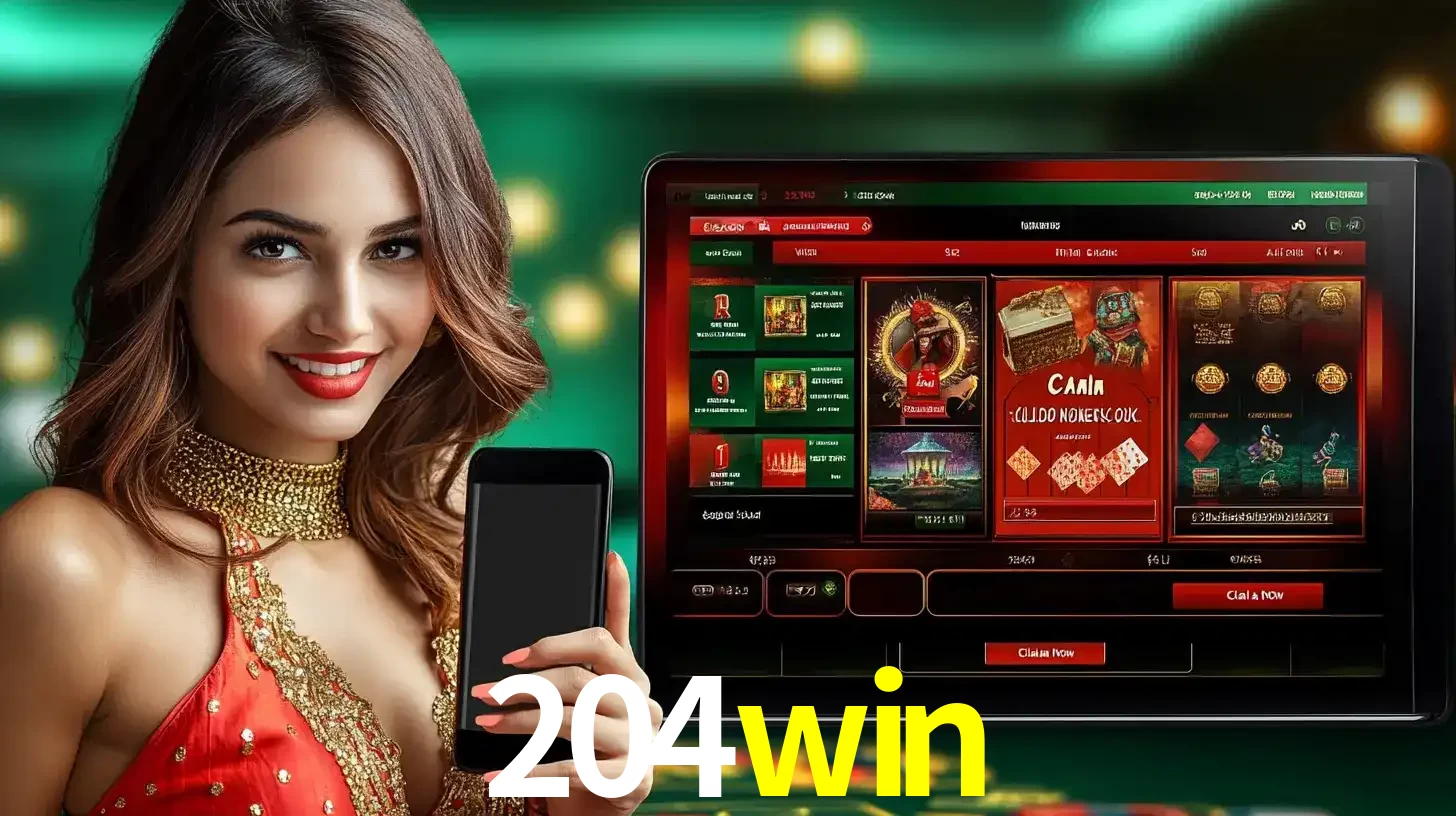 Mulher sorridente segurando um smartphone, ao lado de uma tela exibindo o lobby de jogos do cassino online 204win, com várias opções de jogos de cartas e slots.